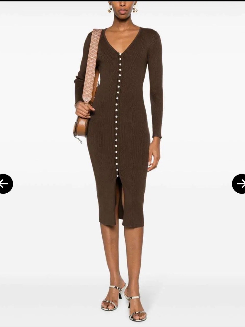 ba&sh Brown Ribbed Button-Front Long-Sleeve Midi Dress